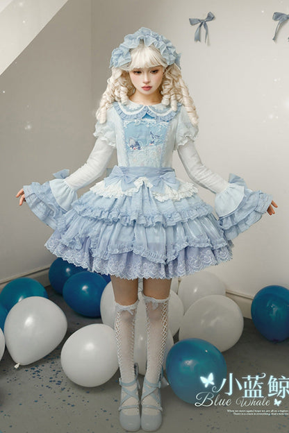 Blue [Whale] Lapel Collar Short Sleeves Triple-Layered Ruffle Embroidery Sweet Lolita Dress