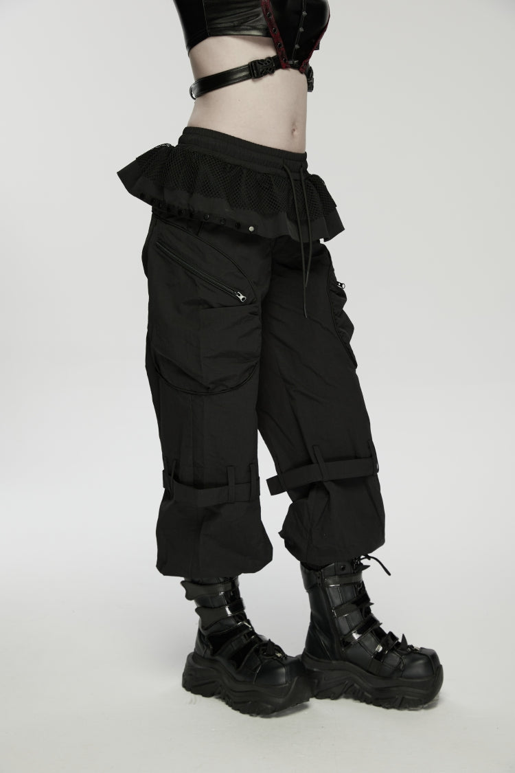 Pleated Women's Punk Ruffled Hem Big Pockets Cargo  Pants cool