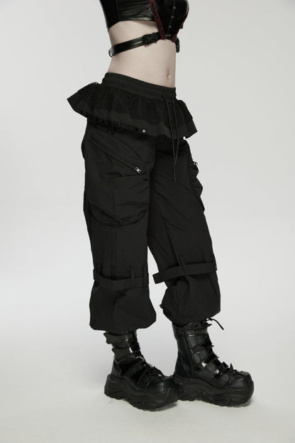 Pleated Women's Punk Ruffled Hem Big Pockets Cargo  Pants cool