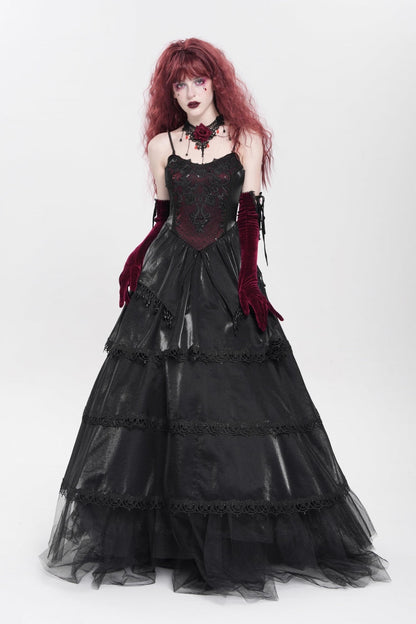 Black Sleeveless Multi-Layered Embroidery Pearl Women's Gothic Slip Dress