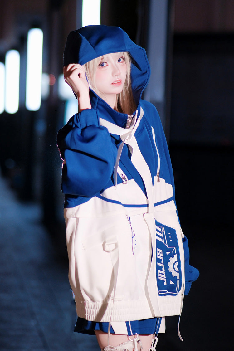 White/Blue [Zero-Type Transformation] Techwear Long Sleeves Embroidered Hooded Punk Jirai Kei Shorts Coat Set