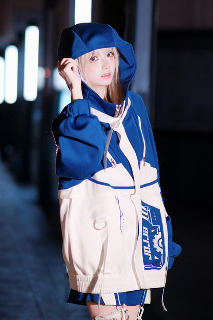 White/Blue [Zero-Type Transformation] Techwear Long Sleeves Embroidered Hooded Punk Jirai Kei Shorts Coat Set