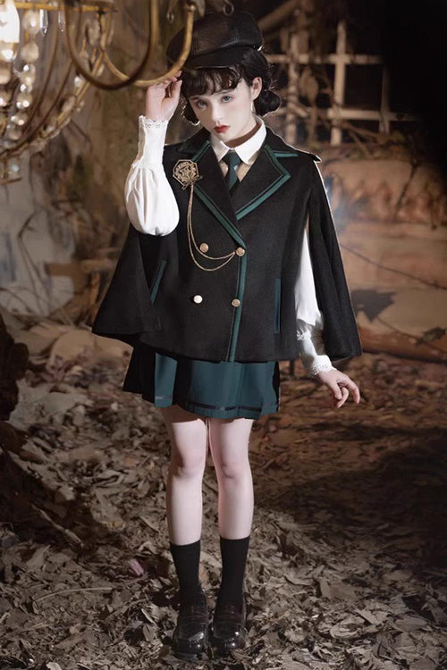 Black/Green Magic Academy Lapel Collar Gothic Vintage College Style Lolita Skirt Full Set