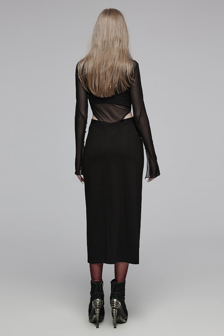 Black V Collar Long Sleeves Hollow Stitching Mesh Women's Gothic Dress