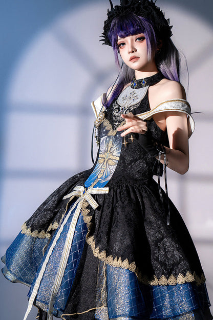 Black/Blue [Universe] Off Shoulder Halterneck Sleeveless Print Embroidery Cardigan Gothic Princess Lolita Dress
