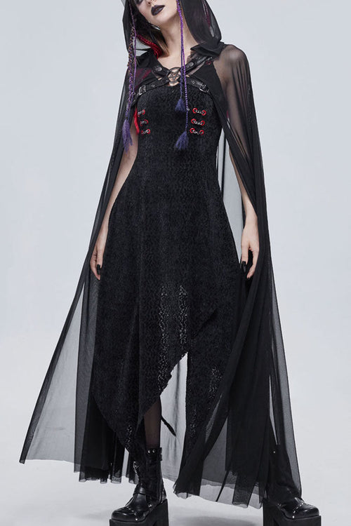 Black Punk Cross Leather Straps On Chest Design Metal Five-Pointed Star Decoration Long Hooded Women's Cape