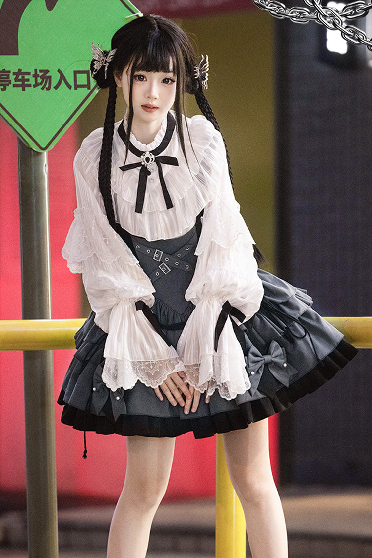 Black/Grey [Machinist] Sleeveless Multi-Layered Ruffle Bowknot Classic College Style Lolita Dress