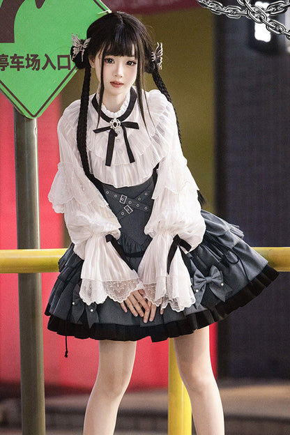 Black/Grey [Machinist] Sleeveless Multi-Layered Ruffle Bowknot Classic College Style Lolita Dress