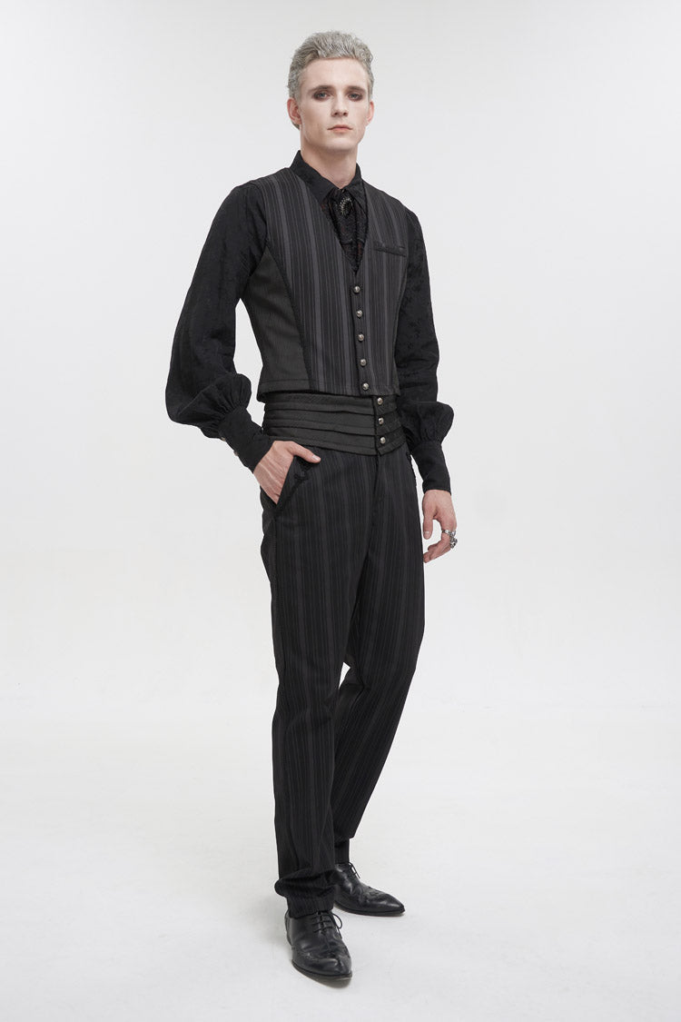 Black Retro Mid High Waist Micro Elastic Striped Woven Stitching Three Dimensional Jacquard Men's Gothic Trousers