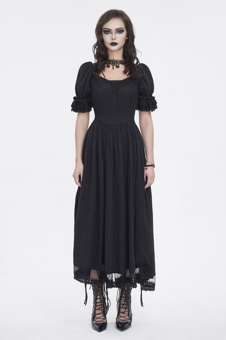 Black Short Sleeves Ruffle Drawstring Women's Gothic Dress