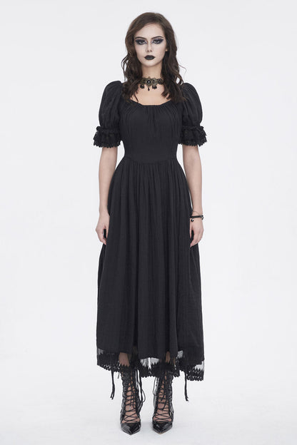 Black Short Sleeves Ruffle Drawstring Women's Gothic Dress