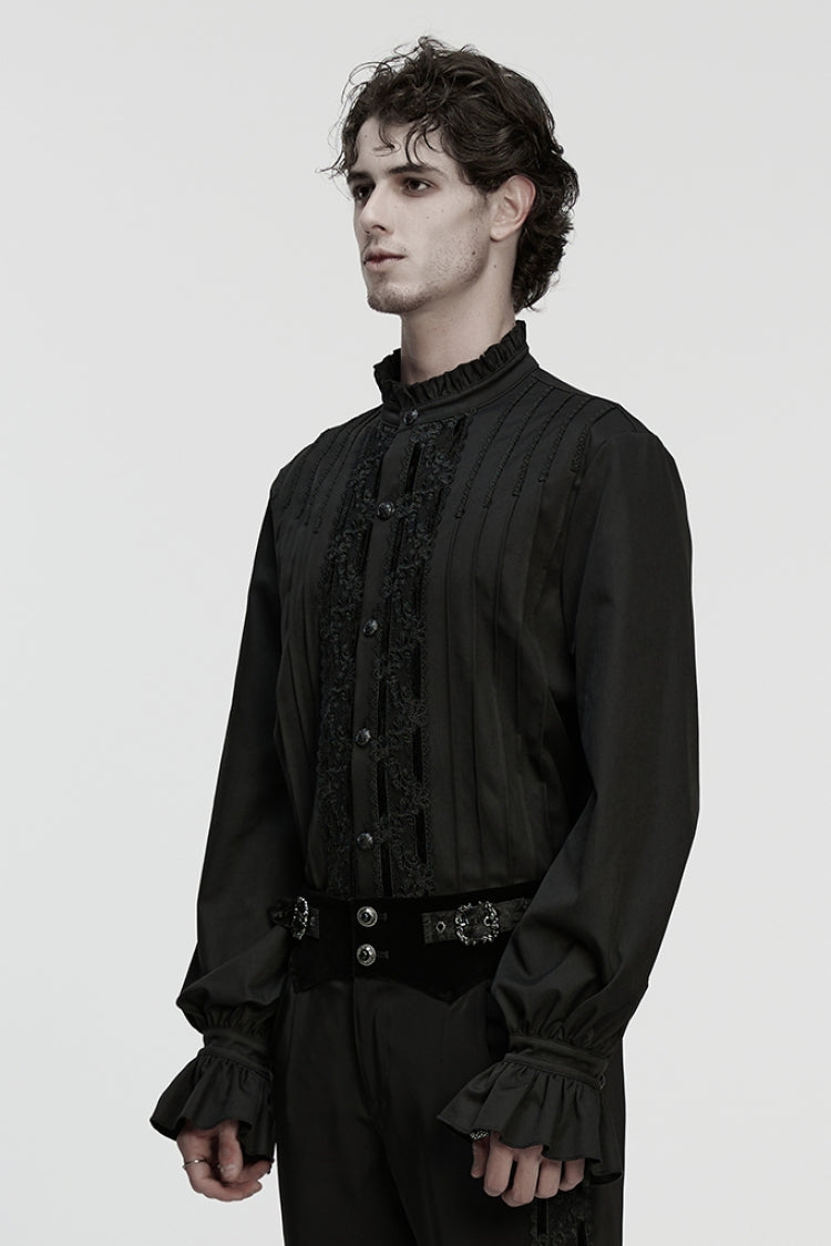 Black Stand Collar Long Sleeves Ruffle Embroidery Pleated Men's Gothic Blouse