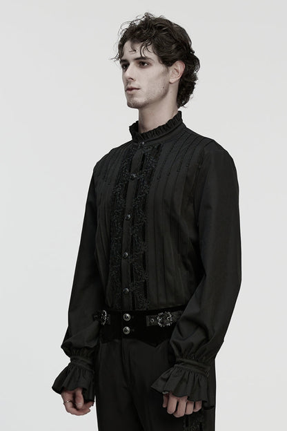 Black Stand Collar Long Sleeves Ruffle Embroidery Pleated Men's Gothic Blouse