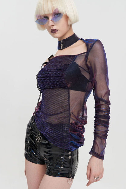 Multi-Color Punk Long Sleeve Mesh Neck Zipper Adjustable Shoulder Straps Asymmetric Women's T-Shirt
