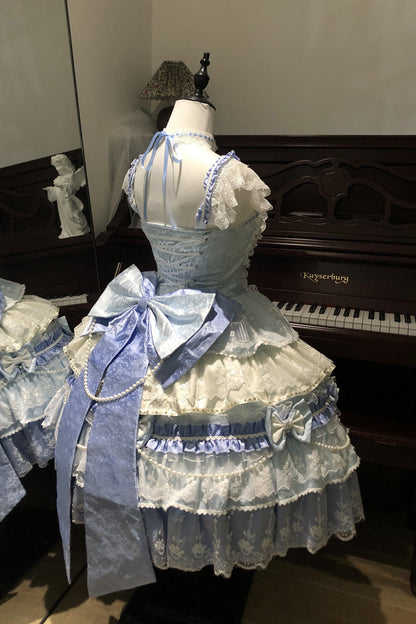 Blue [Falling Sakura] Multi-Layered Ruffled Hanayome Bow Lace Sweet Plus Size Princess Lolita Jsk Dress