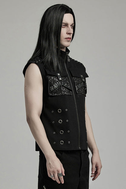 Black Stand Collar Stitching Slim Men's Punk Vest