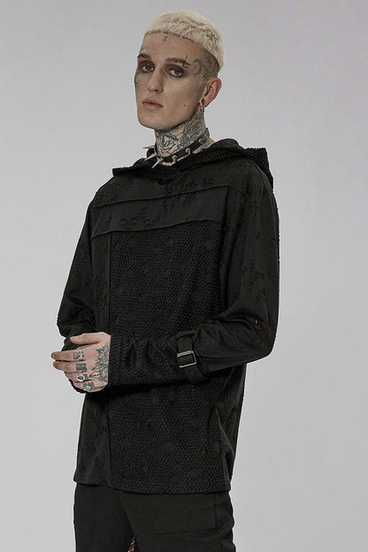 Black Punk Ripped Knit Mesh Surface Splicing Detachable Ring Sleeve Webbing Hooded Men's T-Shirt