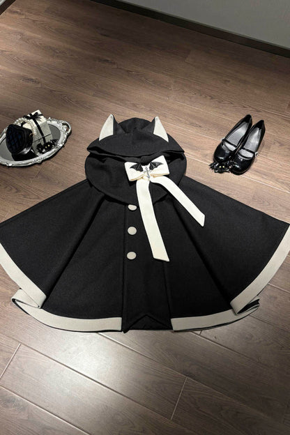 Black/Pink Bat Bowknot Cloak Wool Sweet Lolita Coat