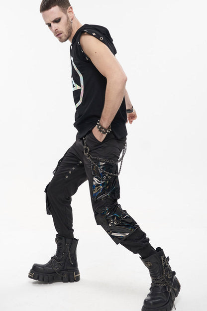 Black Punk Multi Pocket Splicing Illusory Color Removable Metal Left Chain Design Cargo Men's Pants