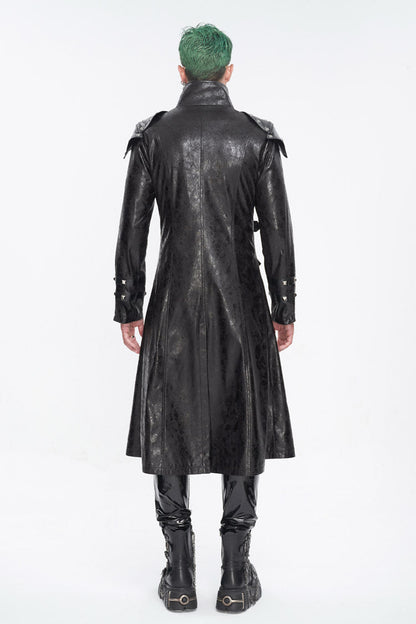 Black Stand Collar Multi Buckle Faux Long Leather Men's Punk Coat