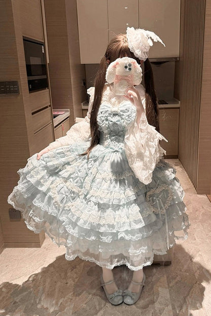 Blue [Sweetheart Diary] Multi-Layered Ruffle Hanayome Embroidery Bowknot Lace Sweet Lolita Jsk Dress