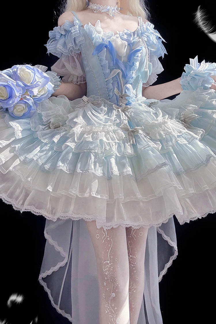 Blue [Tulip and Wind Chime] Multi-Layered Ruffle Bowknot Lace Sweet Gorgeous Lolita Jsk Dress
