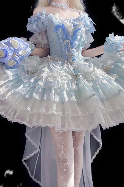 Blue [Tulip and Wind Chime] Multi-Layered Ruffle Bowknot Lace Sweet Gorgeous Lolita Jsk Dress