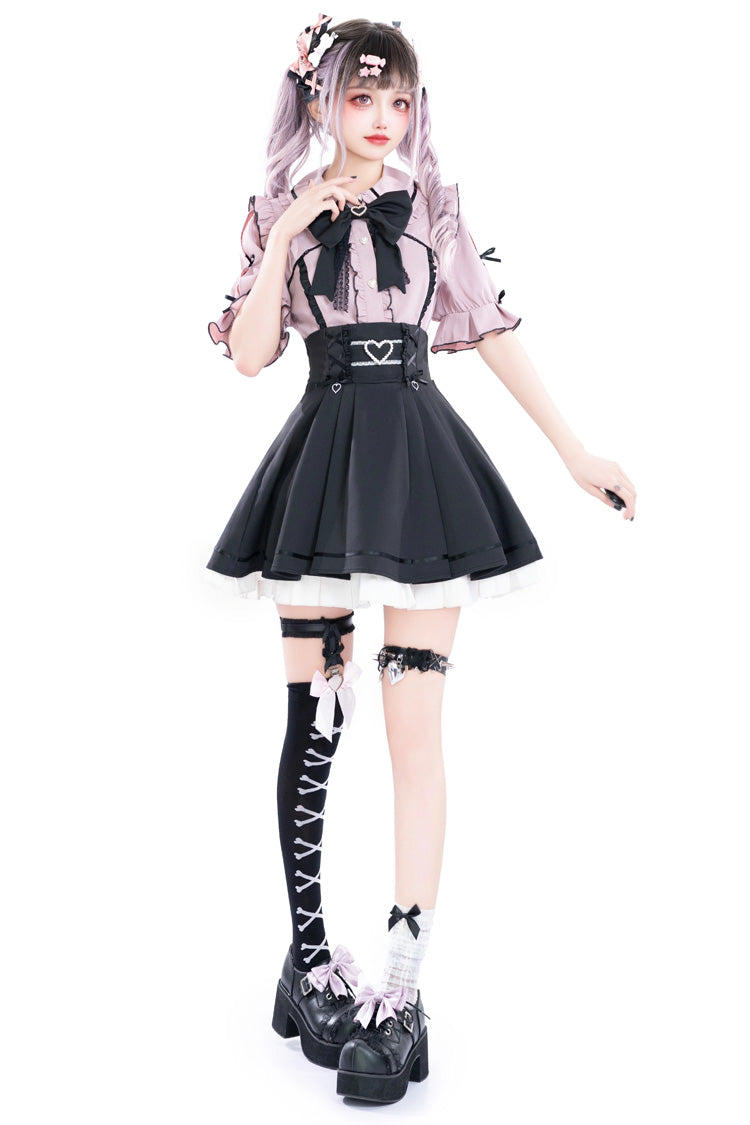 Black/Pink Short Sleeves Ruffle Slim Jirai Kei Japanese Skirt Set
