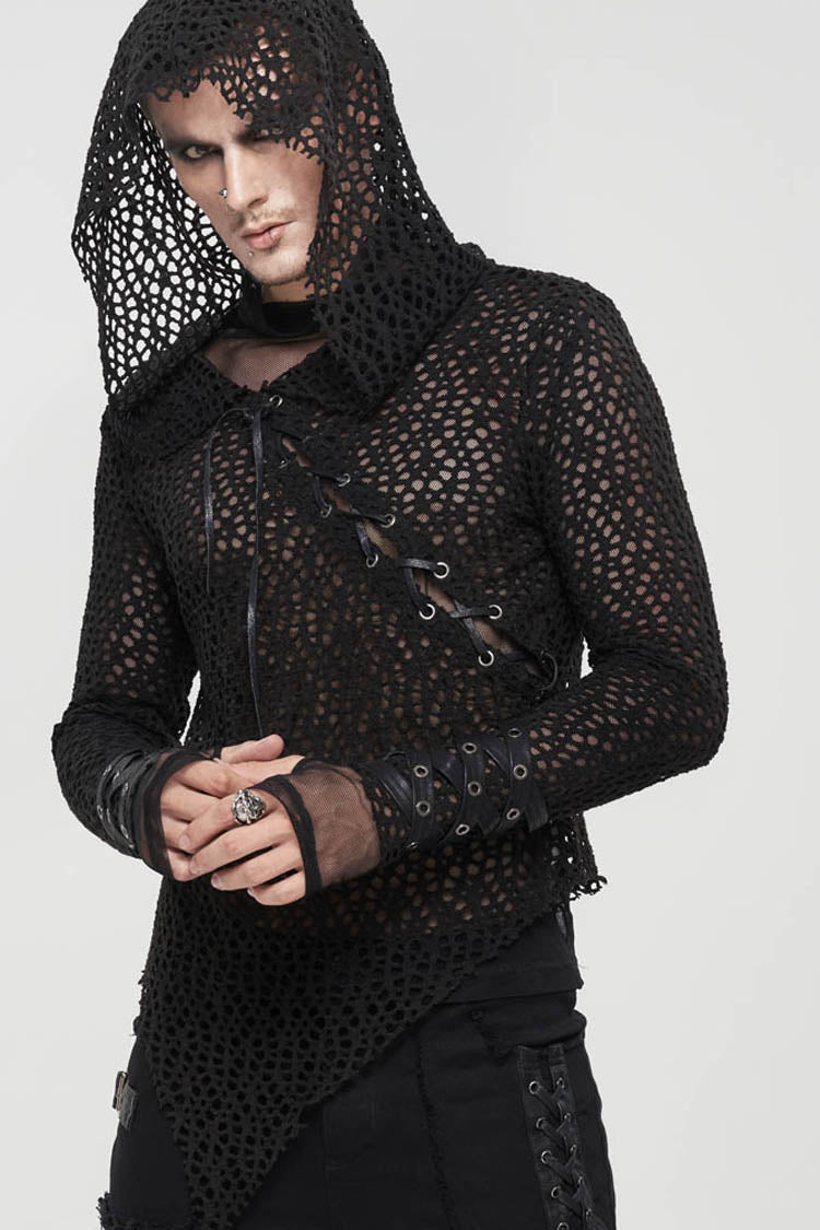 Black Punk Long Sleeve Elasticity Big Hole Mesh Drawstring Design Irregular Hooded Men's Shirt