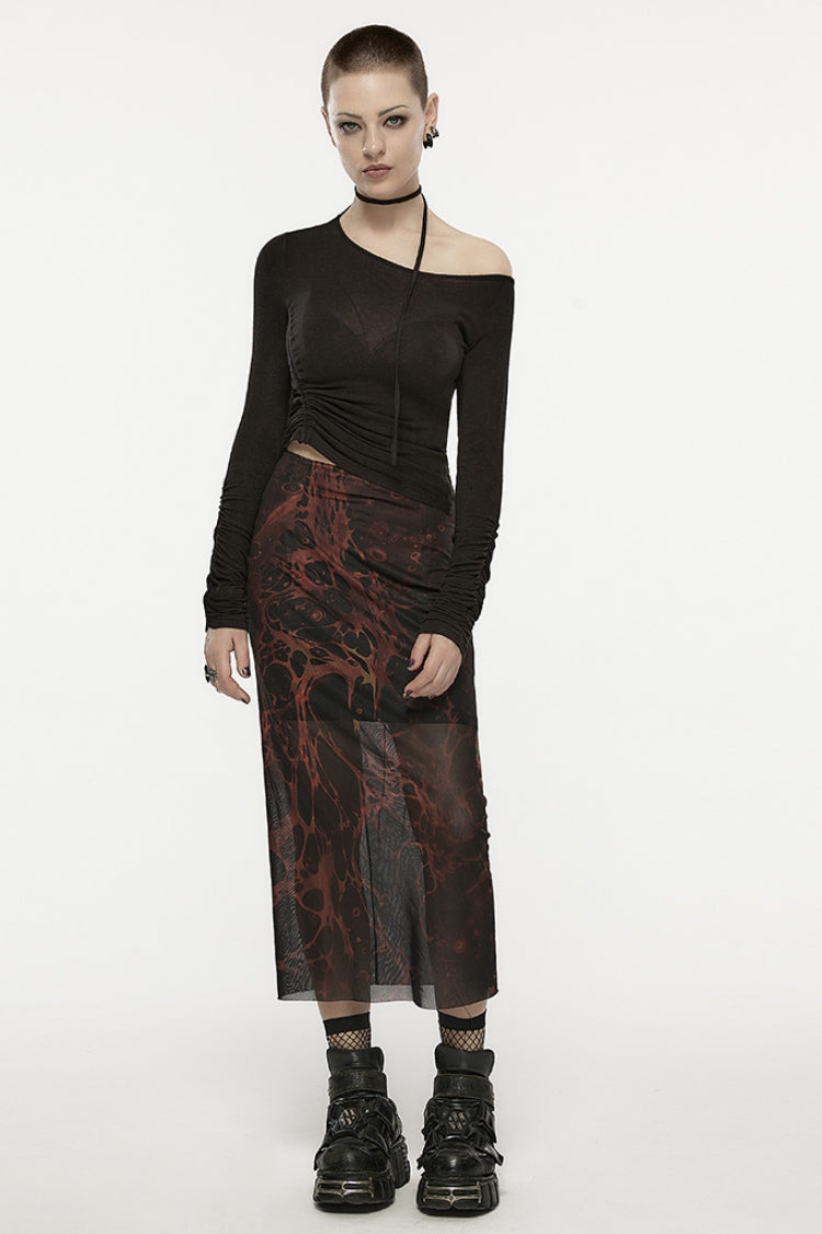 Black Slash Shoulder Long Sleeves Asymmetric Women's Gothic T-Shirt