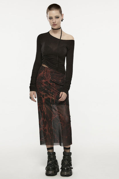 Black Slash Shoulder Long Sleeves Asymmetric Women's Gothic T-Shirt