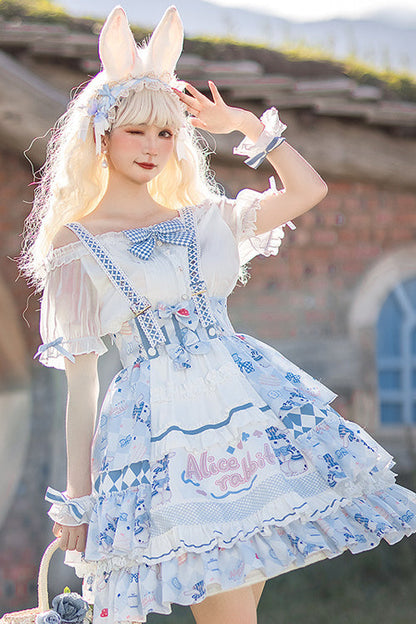 Blue Alice Rabbit Print Multi Layer Design Sweet Lolita JSK Dress