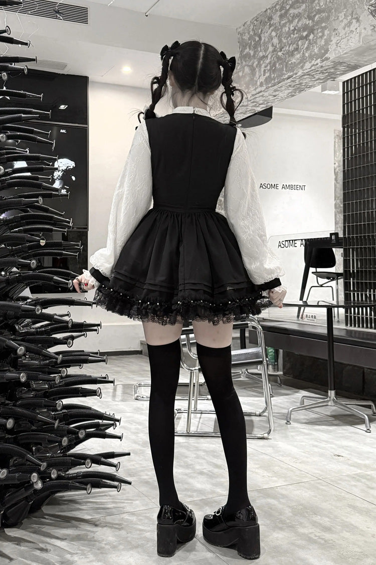Black/White [Thorn Doll] Long Sleeves Ruffled Bow Pearl-Decorated Gothic Jirai Kei Dress