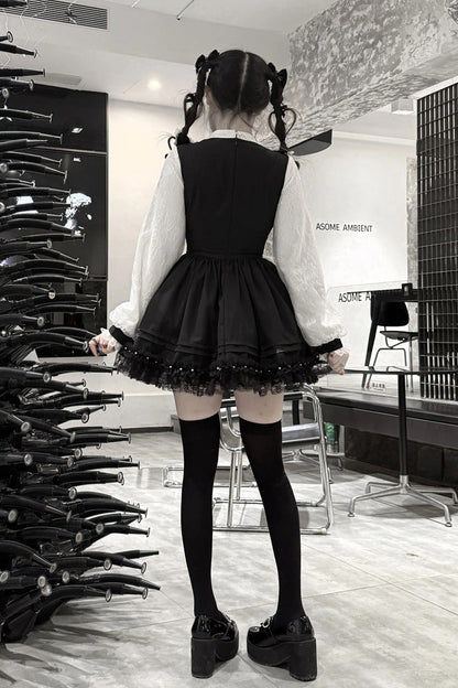 Black/White [Thorn Doll] Long Sleeves Ruffled Bow Pearl-Decorated Gothic Jirai Kei Dress