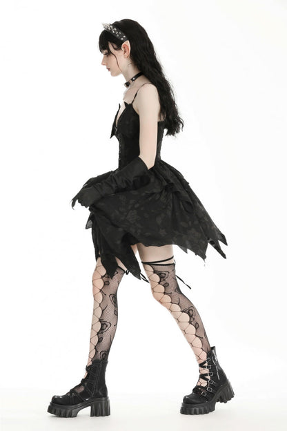 Black V Collar Sleeveless Halloween Printed Irregular Women's Gothic Slip Dress