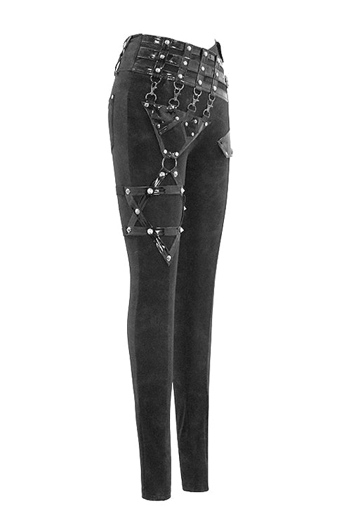 Black Punk Leather Loops Asymmetric Knitted Stretch Womens Pants