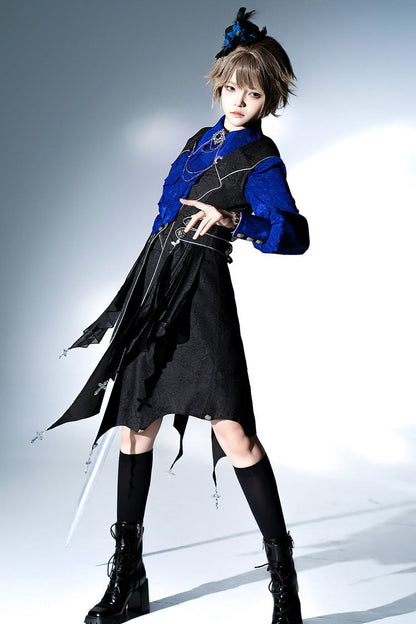 Black/Blue Courtly Knight-Style Long Sleeves Ruffle Embroidery Prince Ouji Lolita Set