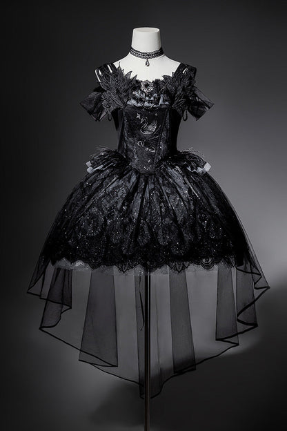 Black [Star Swan Dream] Ruffle Embroidery Bowknot Lace Gothic Lolita Jsk Dress