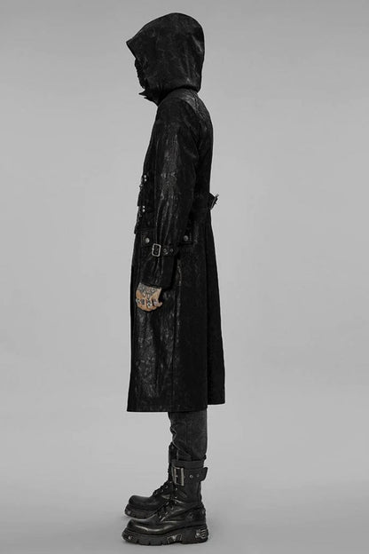 Black Stand Collar Print Asymmetric Metal Chain Zip Mens Steampunk Coat