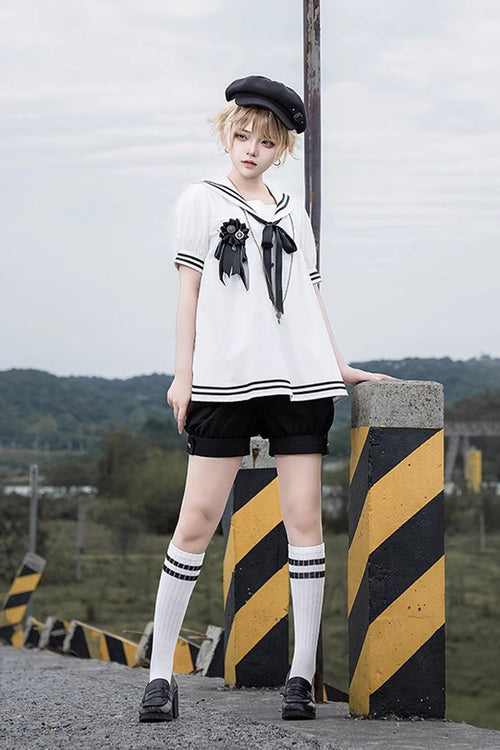 Black/White [Old Stories] Navy Collar Short Sleeves Bowknot Ouji Gothic Lolita Blouse Shorts Set
