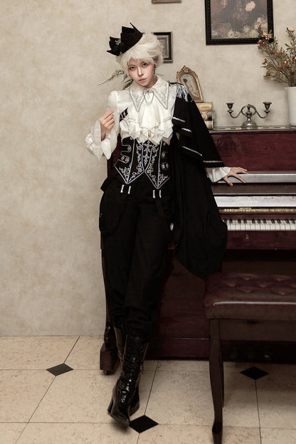 Black/White Embroidery Asymmetric Gothic Prince Handsome Ouji Lolita Set