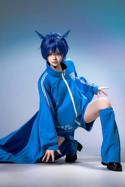 Blue [Network Error] Stand Collar Long Trumpet Sleeves Ouji Gothic Functional Style Japanese Prince Lolita Coat Shorts Set