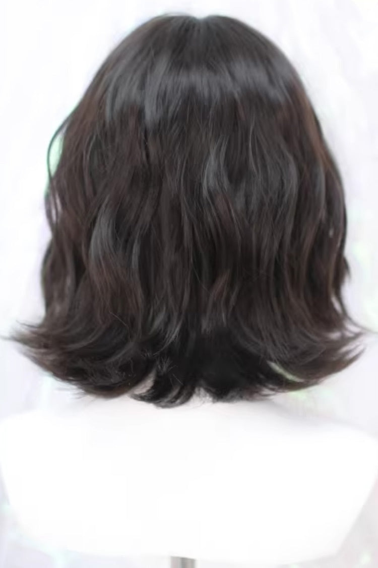 Black Tea Brown Short Wavy Wig with Special Curtain Bangs Sweet Lolita