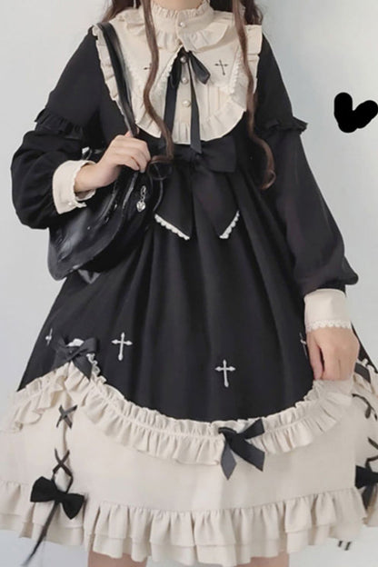 Black Round Collar Chest Bow Cross Print Ruffled Sweet Lolita Op Dress