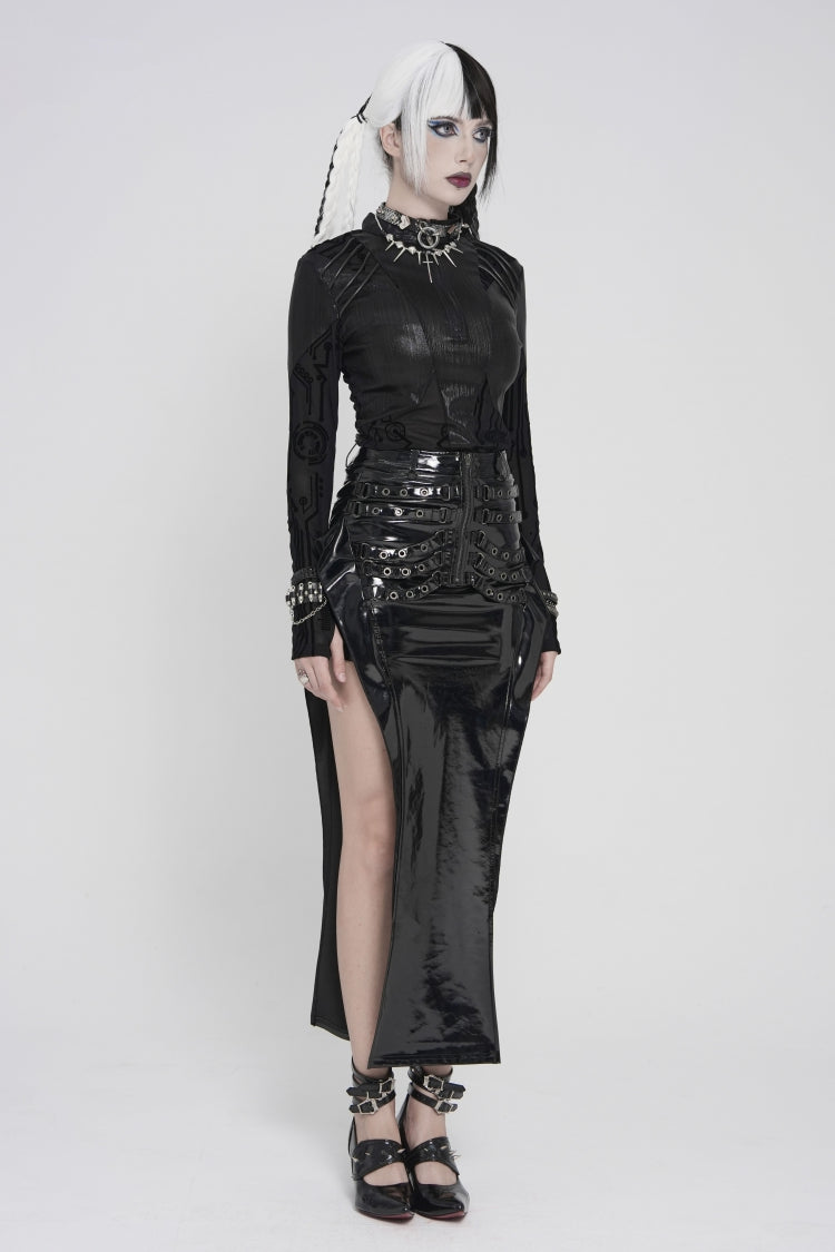Black Stand Collar Long Sleeves  Circuit Board  Printed Slim Women's Punk Blouse