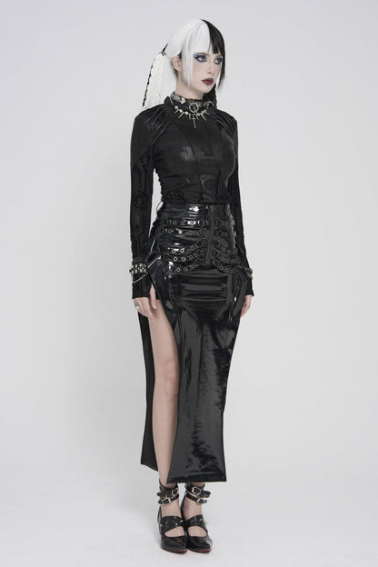 Black Stand Collar Long Sleeves  Circuit Board  Printed Slim Women's Punk Blouse