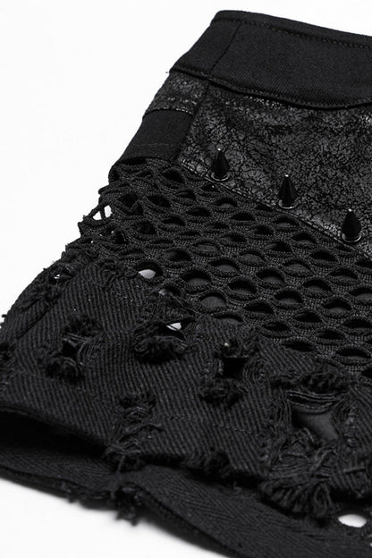 Black Women's Punk Studded Distressed Shorts with Detachable Kilt