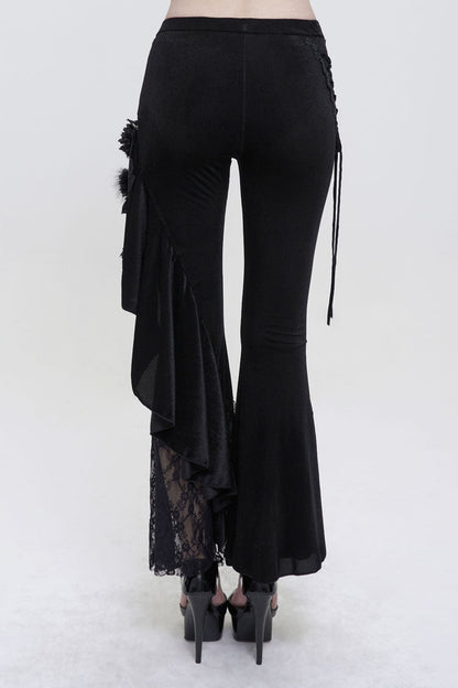 Black Velvet Single Side Stitching Rose Net Side Rope Decoration Asymmetric Pattern Flare Women's Gothic Pants