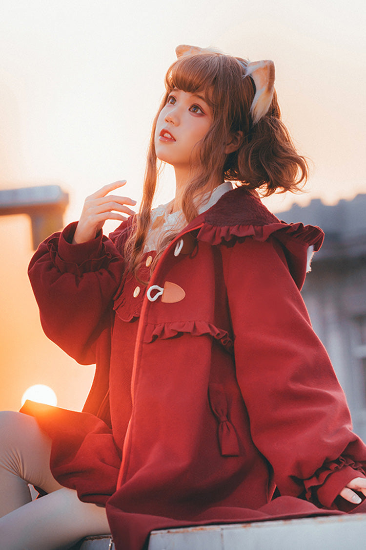 Red Cat Tail Long Sleeves Ruffle Bowknot Hooded Sweet Lolita Coat