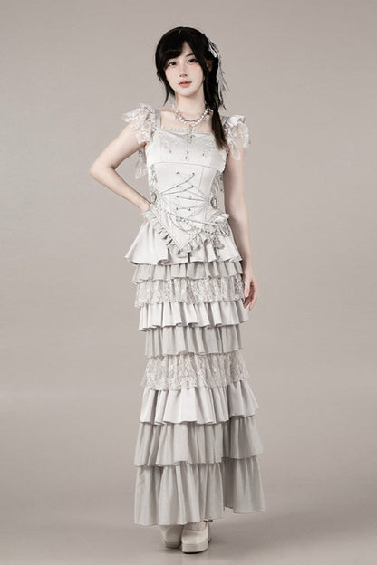 Solid Color [Bionic Doll] Square Collar Multi-Layered Ruffle Bowknot Lace-Up Gothic Lolita Fishtail Skirt Corset Set